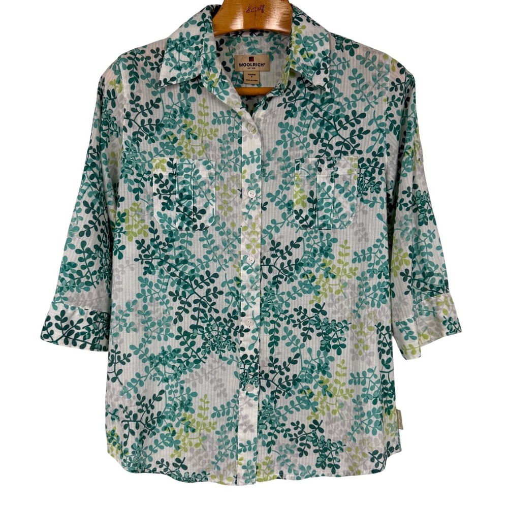 Woolrich Shirt Womens Small Green Leaf Print Cotton Button Up Roll Tab Sleeves